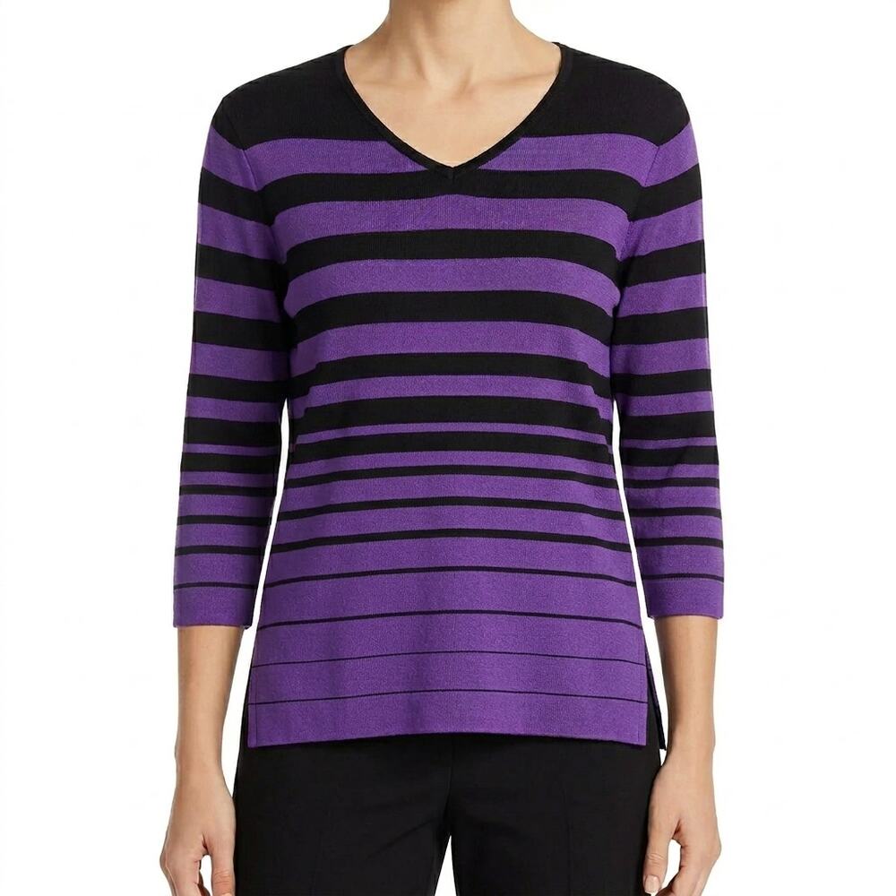 Exclusively Misook Petite M 3/4 Sleeve Sweater Top Striped Purple Black V-Neck
